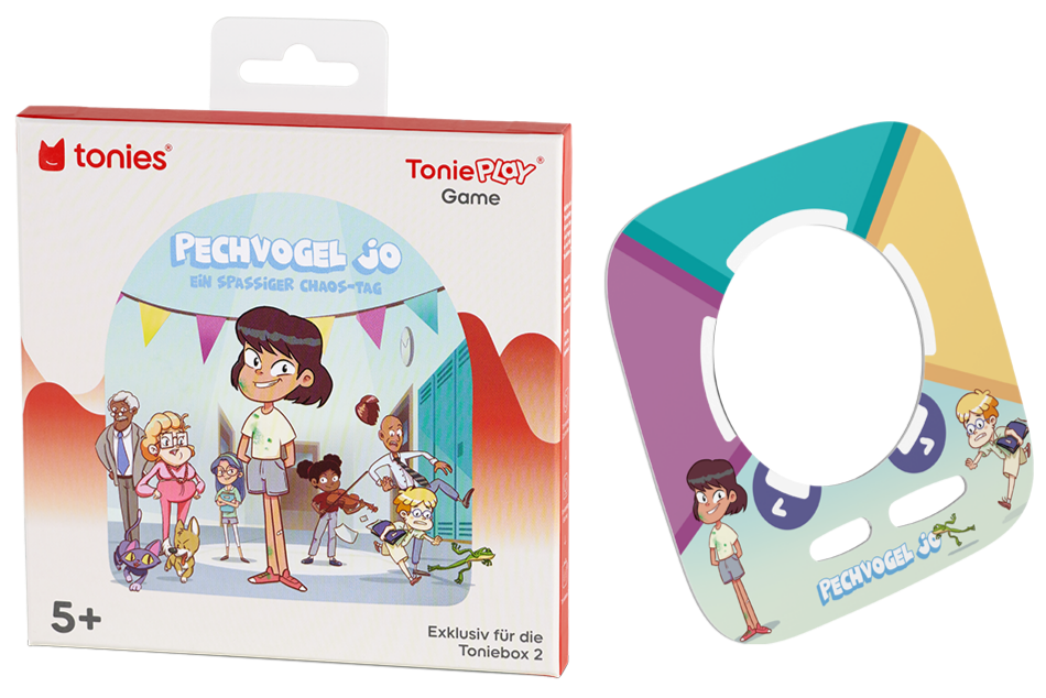 Veranschaulichung der Tonies Toniebox 2 mit Tonieplay Game Pechvogel Jo und Controller