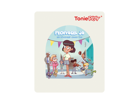 Detaillierte Darstellung des Pechvogel Jo Tonieplay Spiels inklusive Toniebox 2, Disc und Spielanleitung