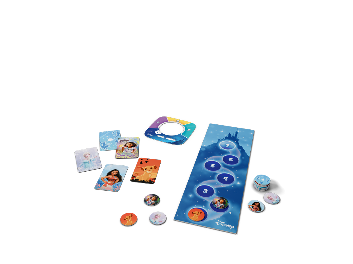 Detailaufnahme der Tonieplay Disc, umgeben von Quiz-Chips und Spielkarten für ein Disney-Quiz für Kinder ab 5 Jahren
