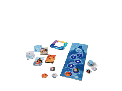 Detailaufnahme der Tonieplay Disc, umgeben von Quiz-Chips und Spielkarten für ein Disney-Quiz für Kinder ab 5 Jahren