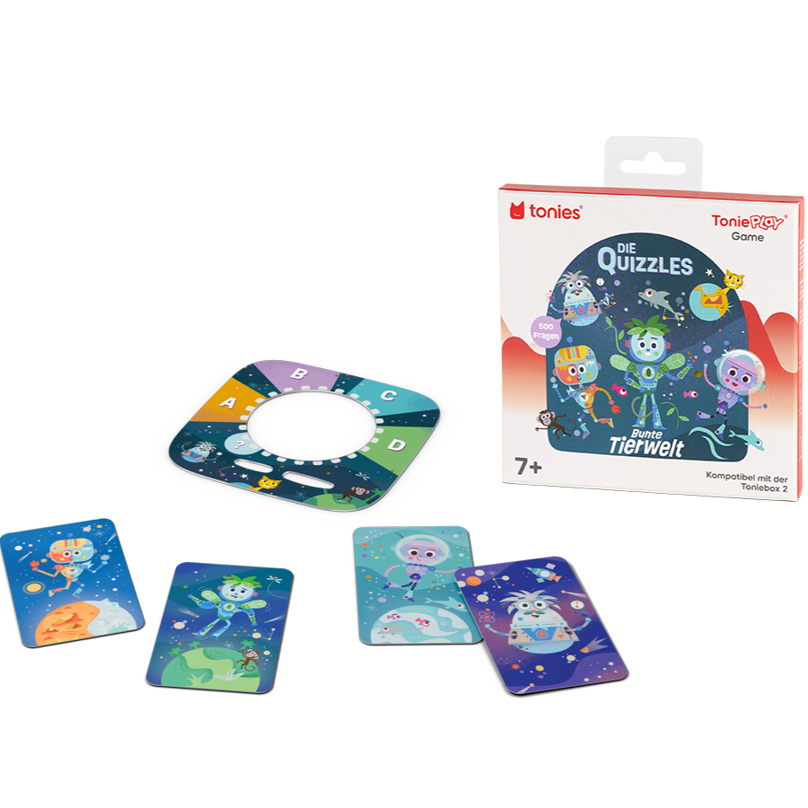 Kinder spielen das Tonieplay Game Die Quizzles auf der Toniebox mit bunten Tiermotiven