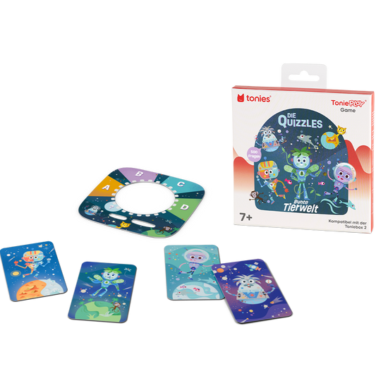 Kinder spielen das Tonieplay Game Die Quizzles auf der Toniebox mit bunten Tiermotiven