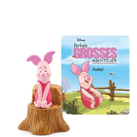 Tonies Figur Disney Winnie Puuh: pinkes Ferkel sitzt auf braunem Baumstumpf, daneben Buchcover mit blauem Himmel.
