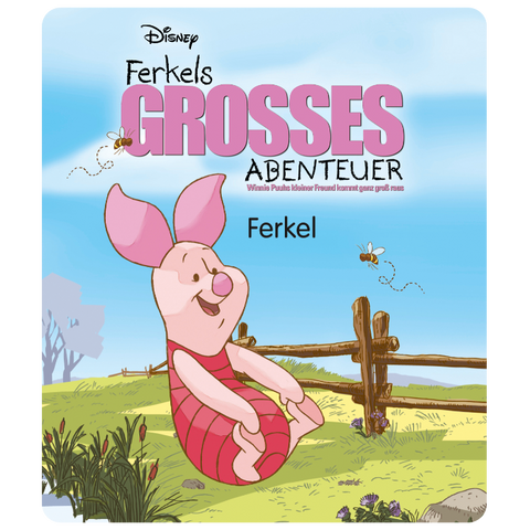 Tonies Figur Disney Winnie Puuh: Ferkel sitzt pink im Grünen vor Holzzaun, blauer Himmel.