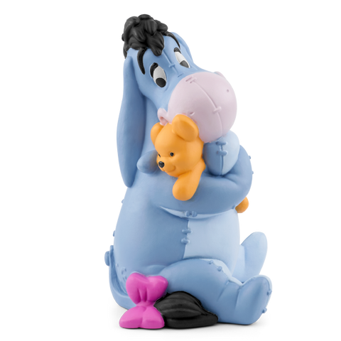 Vorderansicht Tonies Figur Disney Winnie Puuh: blauer Eeyore mit orange Pooh auf dem Rücken, pinkes Detail unten.