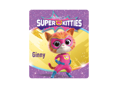 Vorderansicht der Tonies-Figur Ginny aus Disney Junior Super Kitties, pinkes Kostüm, pinke Maske, blaue Handschuhe.