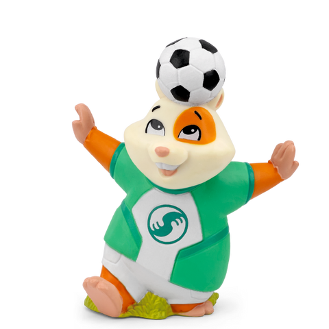 Vorderansicht einer TONIES Tonie-Figur Tierische Sportsfreunde: Grün-weißes Outfit, Ball auf dem Kopf