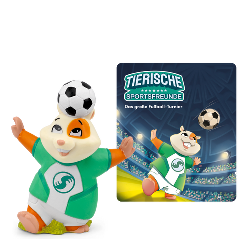 Tonies Figur Tierische Sportsfreunde – Das große Fußballturnier; grüne Sportfigur mit Fußball auf dem Kopf vor Stadion
