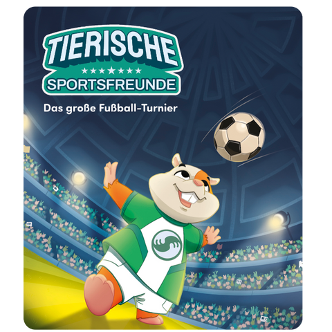 Vorderansicht der TONIES Figur Tierische Sportsfreunde: Hamster im grün-weißem Fußballtrikot, Fußball im Stadion.