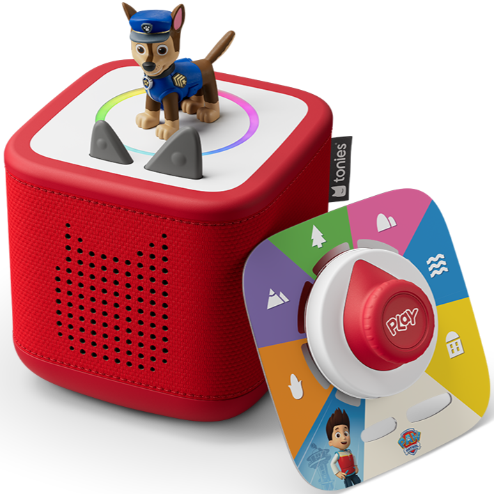 Die robuste, rot gestaltete Toniebox 2 mit Paw Patrol Chase Figur, perfekt für Kinderhände