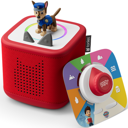 Die robuste, rot gestaltete Toniebox 2 mit Paw Patrol Chase Figur, perfekt für Kinderhände