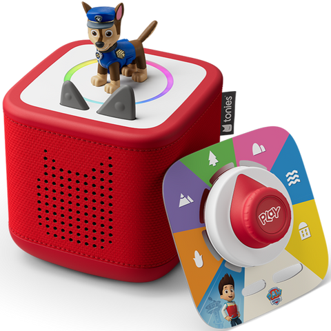 Die robuste, rot gestaltete Toniebox 2 mit Paw Patrol Chase Figur, perfekt für Kinderhände