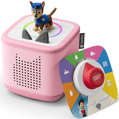 
Kinderhände greifen nach der robusten rosa Toniebox 2 mit Paw Patrol Chase Motiv