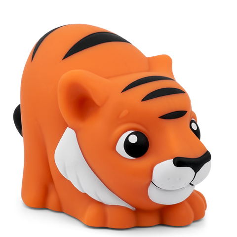 Vorderansicht eines orangefarbenen TONIES Tigers mit schwarzen Streifen und weißer Schnauze, hockend.