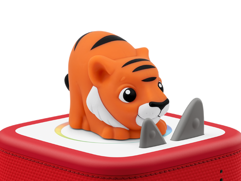 Vorderansicht: TONIES Toniebox 2 – My First Tonies Dschungel Set, orange Tiger-Figur auf roter Box.
