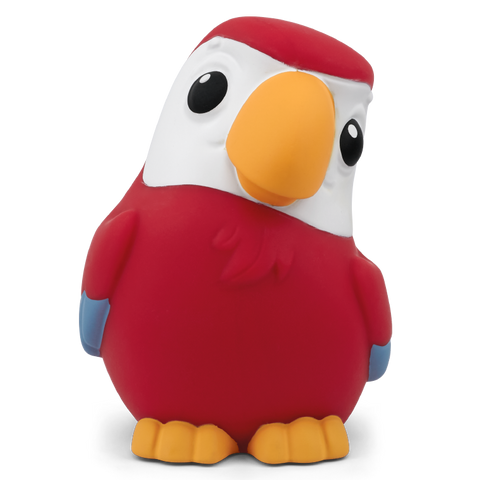 Vorderansicht einer Tonies-Figur: roter Körper, weißes Gesicht, gelber Schnabel, blaue Flügel, gelbe Füße