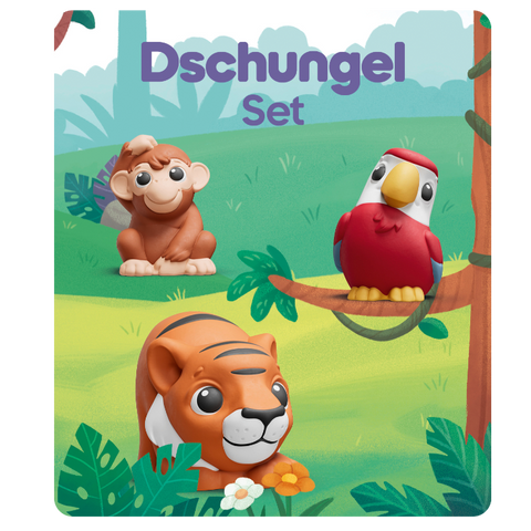 TONIES Dschungel-Set: drei Tierfiguren – Tiger, Affe und Papagei – vor grünem Dschungel-Hintergrund