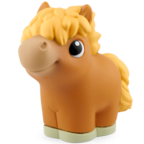 Tonies Figur: braun-orange Pony mit gelber Mähne, großes Auge; beige Sockel.