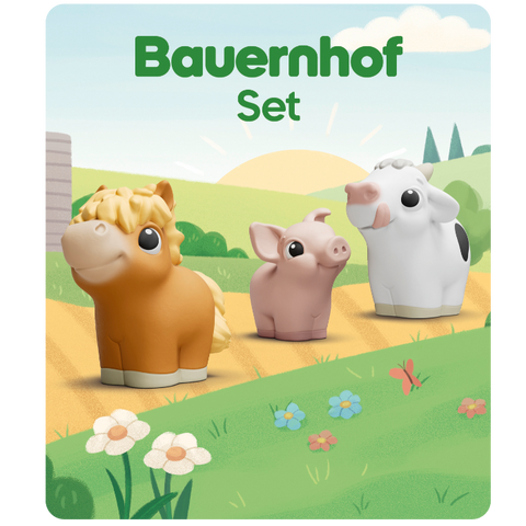 Vorderansicht: TONIES Bauernhof-Set mit drei Tierfiguren auf grüner Wiese (orangenes Pferd, rosa Schwein, weiße Kuh).