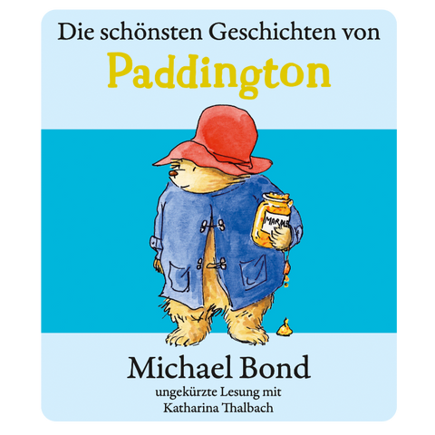TONIES Tonie-Figur Paddington – blauer Mantel, roter Hut, Marmelade-Glas vor hellblauem Hintergrund.