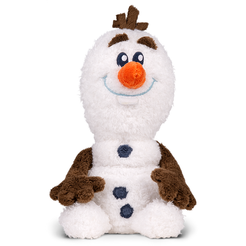 Vorderansicht eines sitzenden TONIES Olaf-Plüschfigur, weißes Fell, braune Arme, orange Nase, blaue Knöpfe.