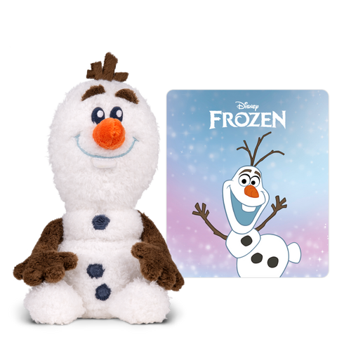 TONIES Tonie-Figur Olaf, Plüschfigur weiß mit orange Nase und braunen Armen, neben Frozen-Tonies-Kartenbild