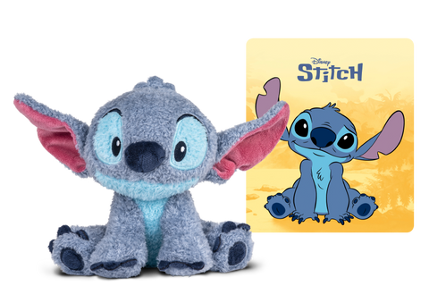 Tonies Figur: Cuddle Stitch – graublaues Plüschtier mit großen Ohren, pinke Innenohren; Karte mit Stitch-Illustration im Hintergrund.