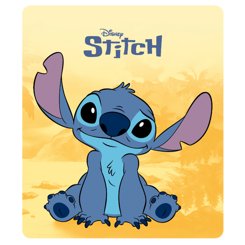 Tonies Figur – Stitch: blaue Stitch-Figur sitzt, gelber Palmen-Hintergrund, Disney-Stil, große Augen.