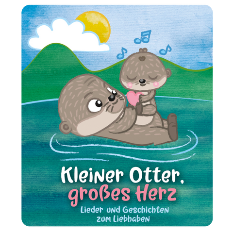 Vorderansicht einer TONIES Figur: Kleiner Otter, großes Herz; bunte Wasserlandschaft mit Bergen