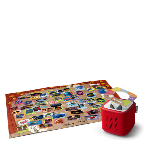 TONIES Toniebox 2 rote Box; bunte Spielmatte mit Disney-Pixar-Motiven, sichtbare Lautsprecheröffnungen