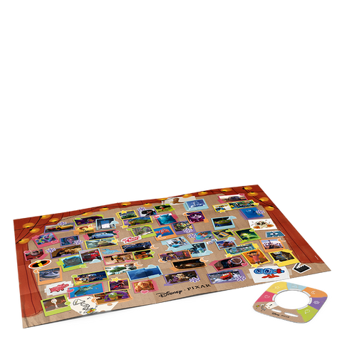 Vorderansicht: TONIES Toniebox 2 Tonieplay Game – Disney Pixar; buntes Spielbrett mit Fotos und runde Tonie-Figur, 2 Teile.