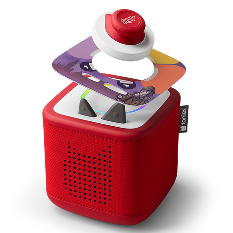 Vorderansicht der TONIES Toniebox 2 Tonieplay Game: rotes Gehäuse, weiße Oberseite mit rotem Play-Button.