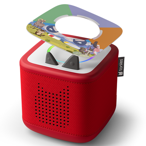 TONIES Toniebox 2 Tonieplay Game – rote Stoffhülle, weiße Oberseite mit grauen Tasten, bunter Spielaufsatz.