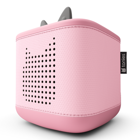 Vorderansicht eines pinken TONIES Toniebox 2 mit grauen Ohren; TONIES-Logo sichtbar.