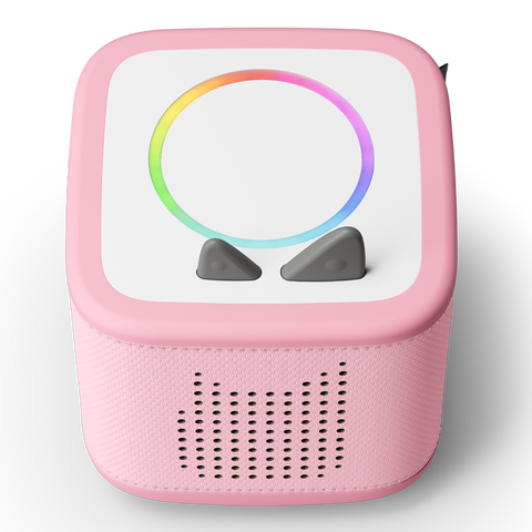 Vorderansicht einer pinken TONIES Toniebox 2 – Starter-Set; farbiger Ring, zwei graue Knöpfe, Lautsprechergitter