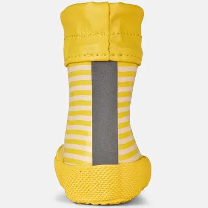 Rückansicht des BUNDGAARD Schuhe COVER; gelber, gestreifter Gummistiefel mit grauem Rückenstreifen.