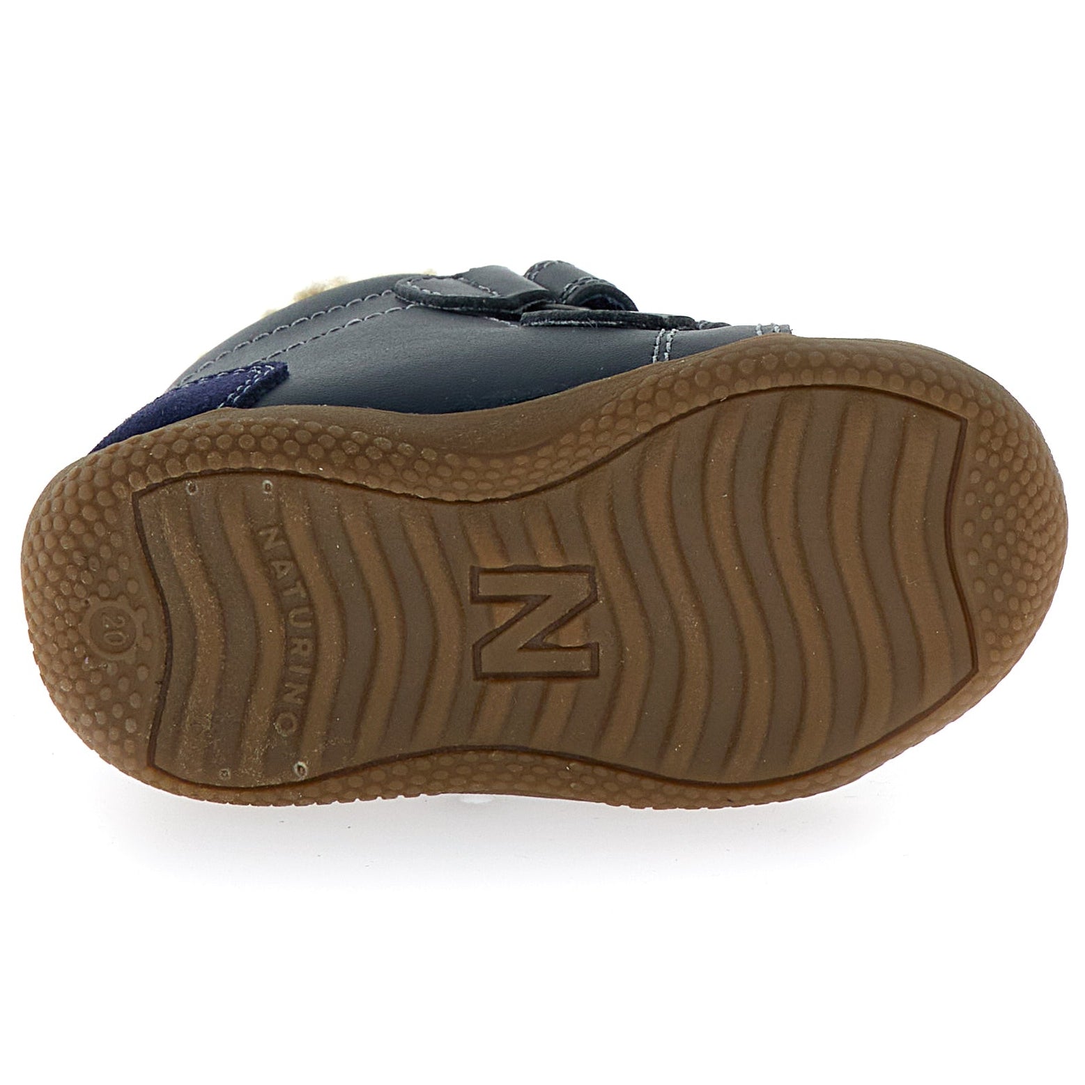 Detaillierte Ansicht der Schnürung und der robusten Sohle des dunkelblauen NATURINO NATURTEX Knöchelschuhs SPINNI