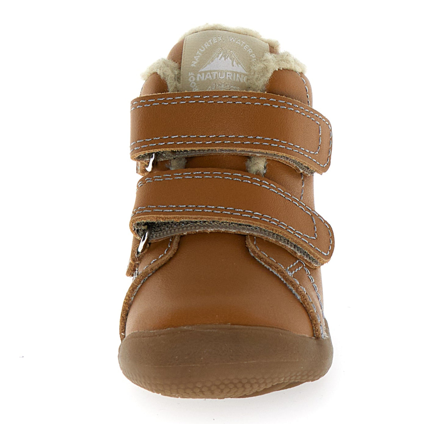 Vorderansicht des bequemen Knöchelschuhs SPINNI mit robustem Design in cognac