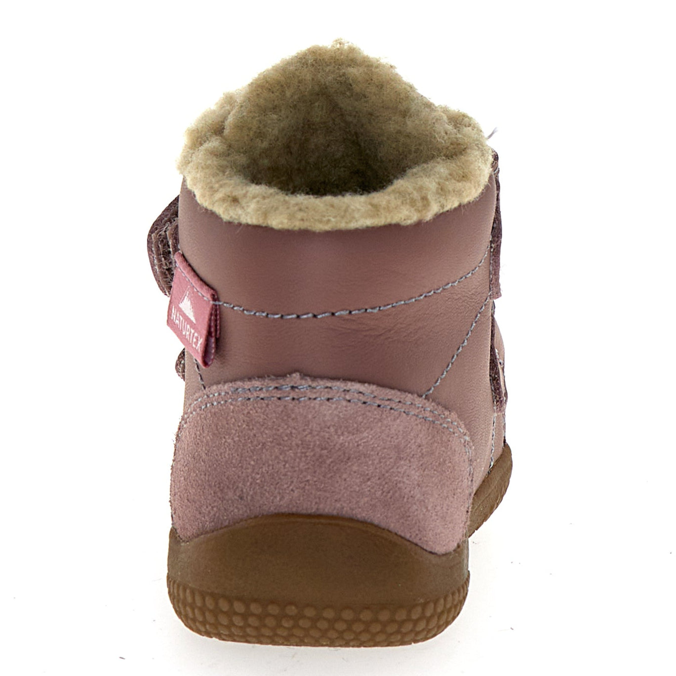 Vorderansicht des NATURINO NATURTEX Knöchelschuh SPINNI in Altrosa, zeigt den verstärkten Zehenbereich