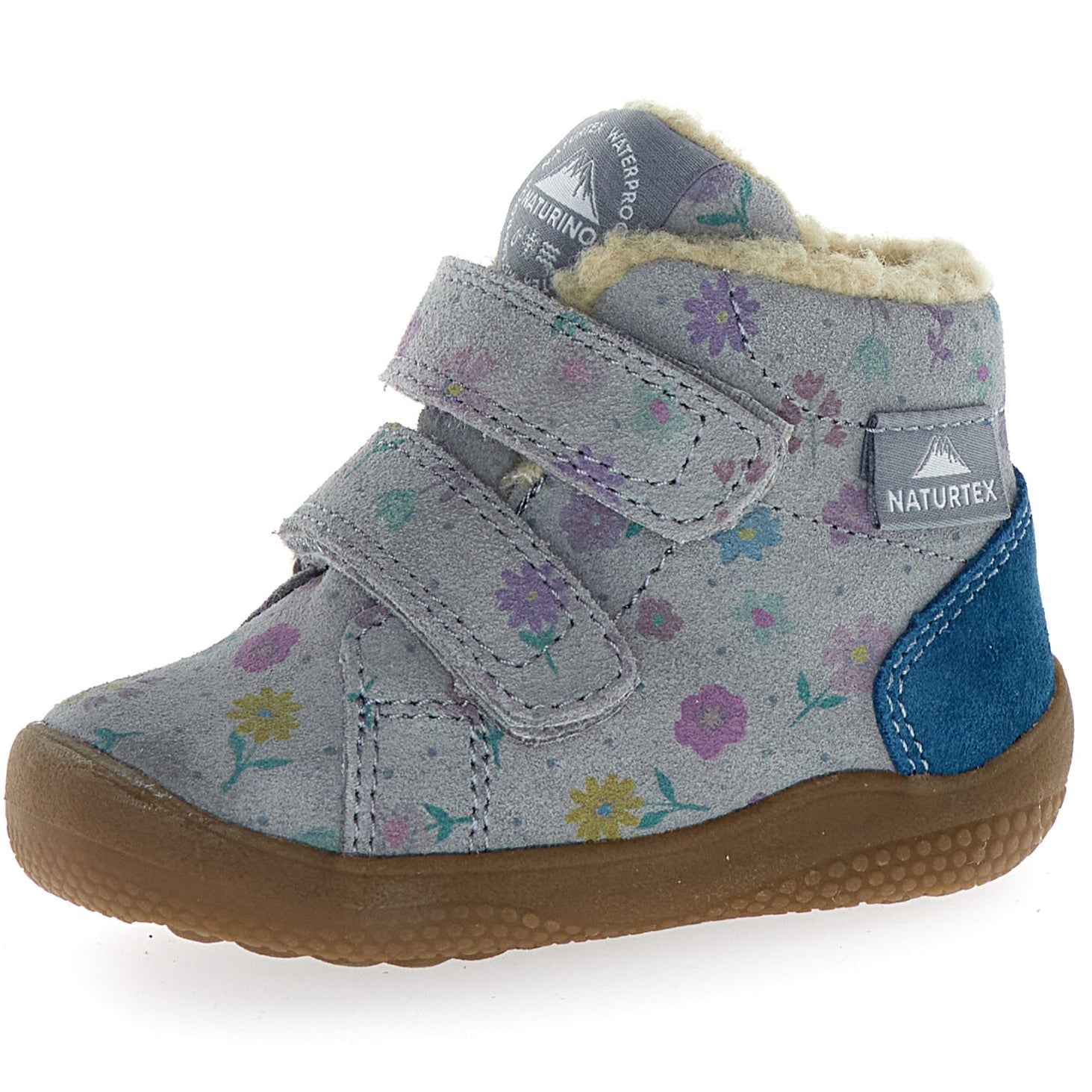 Kinderschuh aus atmungsaktivem Material in grau, blau und mit floralen Mustern, ideal für den Frühling