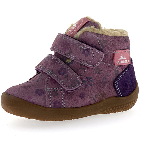 Lila Knöchelschuh von NATURINO NATURTEX mit verspieltem Blümchen-Design, ideal für Spaziergänge