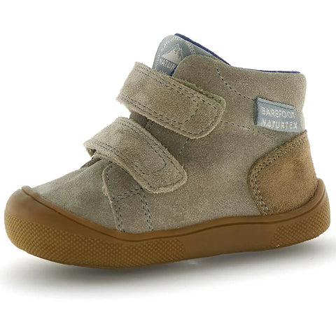 Seitenansicht des NATURINO NATURTEX SPINNI Knöchelschuh, taupe/sand Veloursleder, Klettverschluss, braune Gummisohle