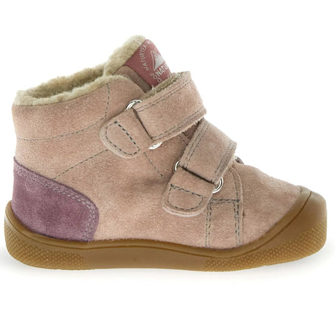Schuhe NATURINO NATURTEX SPINNI in Altrosa; Klettverschluss und Fellfutter sichtbar.