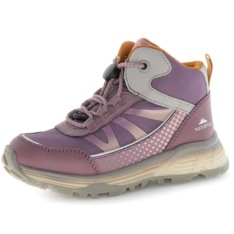 Vorderansicht eines NATURINO NATURTEX Knöchelschuh DRYFORCE in Flieder/Kürbis; lila Obermaterial, orange Rand, graue Sohle.