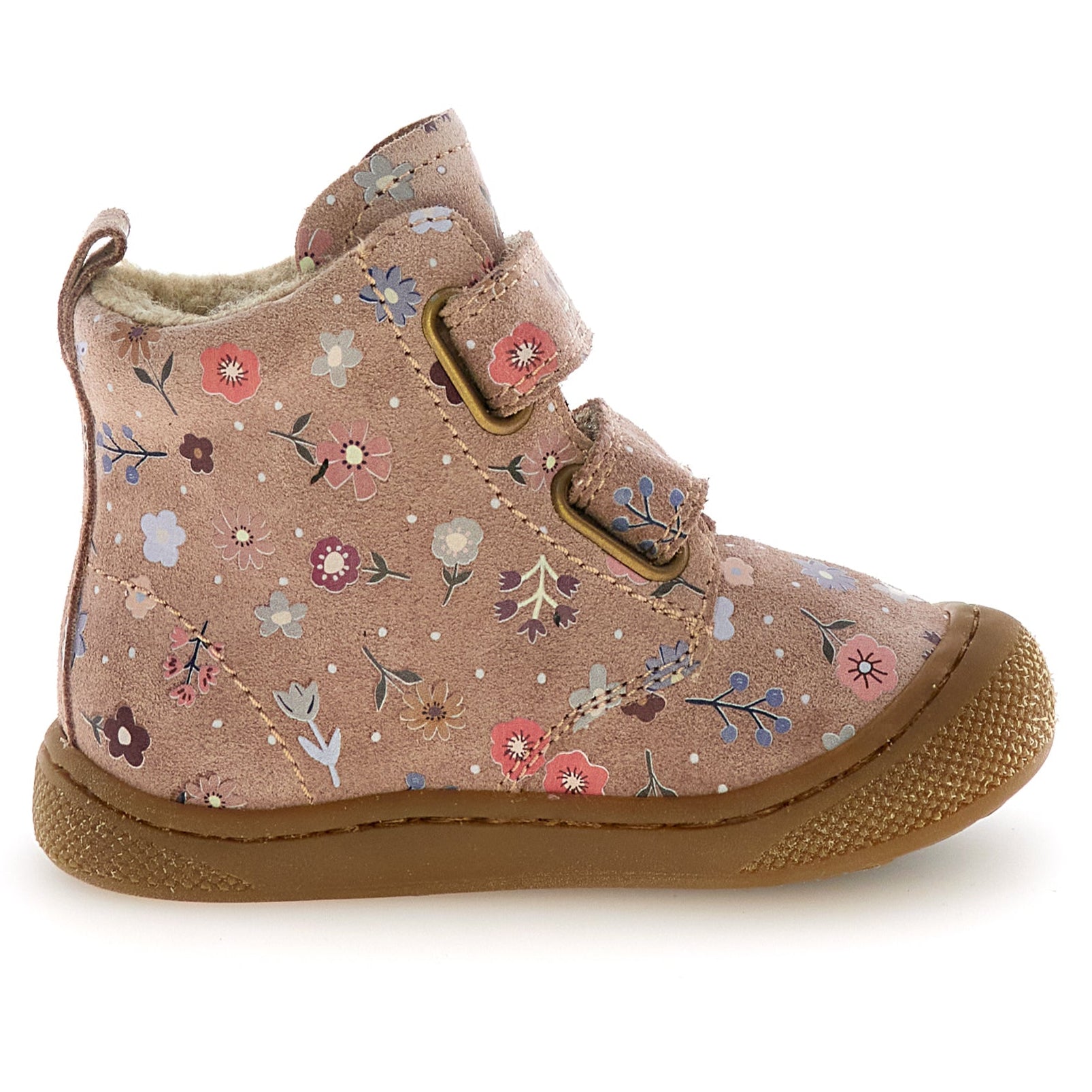 Vorderansicht des farbenfrohen rosa NATURINO BUBBLE Weit Stiefels mit großem Blümchenprint und weitem Schaft