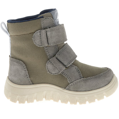 Nahaufnahme der robusten Sohle und der wetterfesten Materialien des NATURINO NATURTEX GEMINAE Stiefels in Grau und Oliv