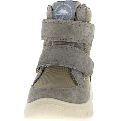 Seitenansicht des NATURINO NATURTEX Stiefels GEMINAE in grau mit olivfarbenen Details, ideal für den Alltag