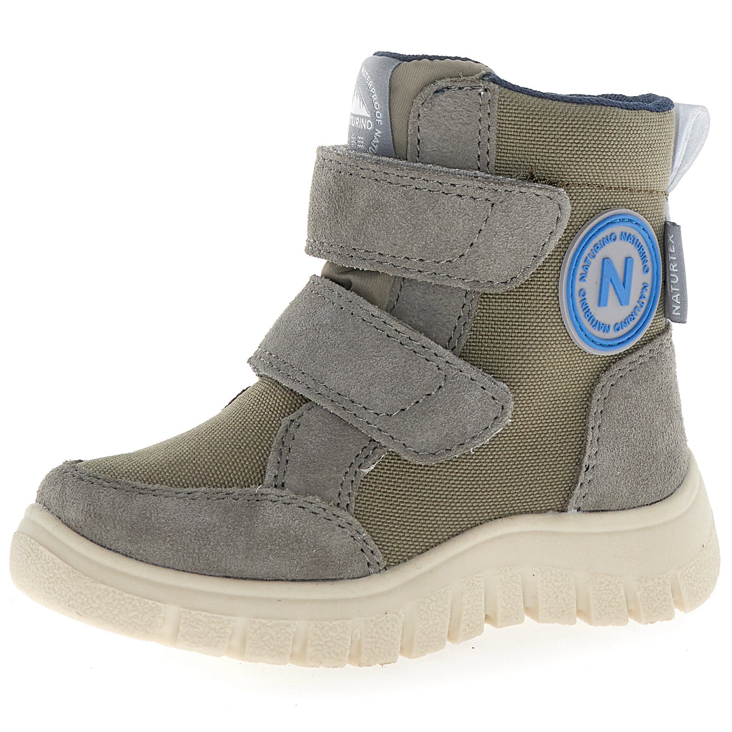 Detailaufnahme des grauen NATURINO NATURTEX Stiefels GEMINAE mit olivfarbenen Elementen, geeignet für Kinder