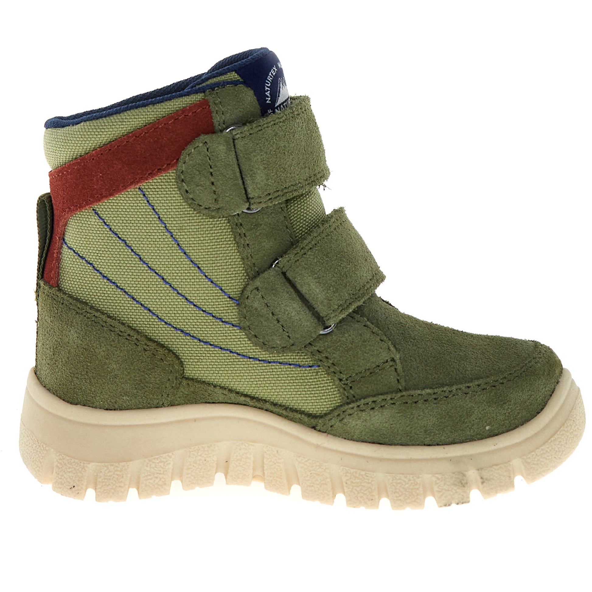 Nahaufnahme der Textilinnensohle des NATURINO NATURTEX RIVO Stiefels in oliv und bordeaux, komfortabel und atmungsaktiv