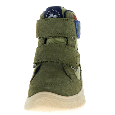 Seiteansicht des stilvollen NATURINO NATURTEX RIVO Stiefels in oliv und bordeaux, perfekt für die kalte Jahreszeit